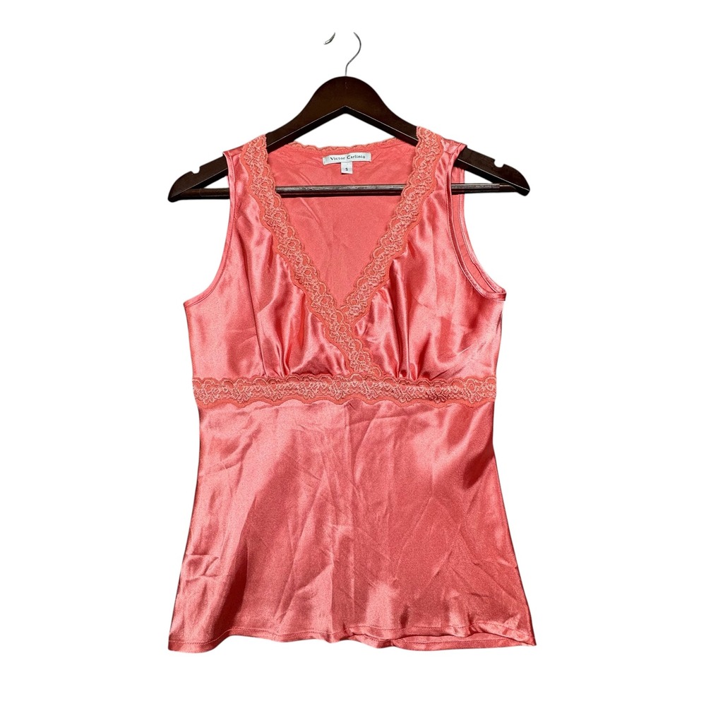 Victor Carlini Y2K Lace Trim Satin Babydoll Tank Top S Coral V-Neck‎ Made In USA